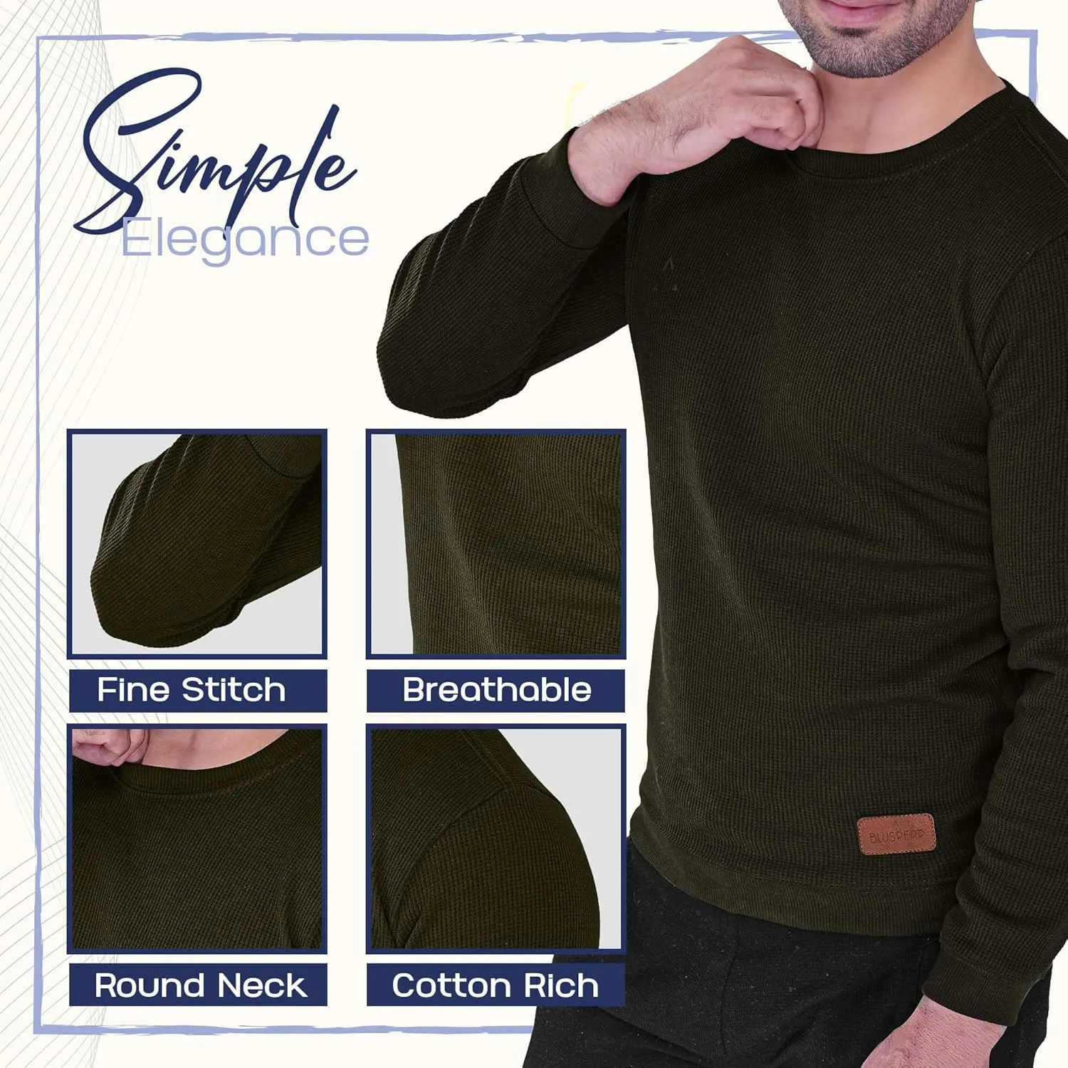 Men's Long Sleeve Waffle Thermal Shirt Top, Knitted Sweater, Sweatshirt for Men