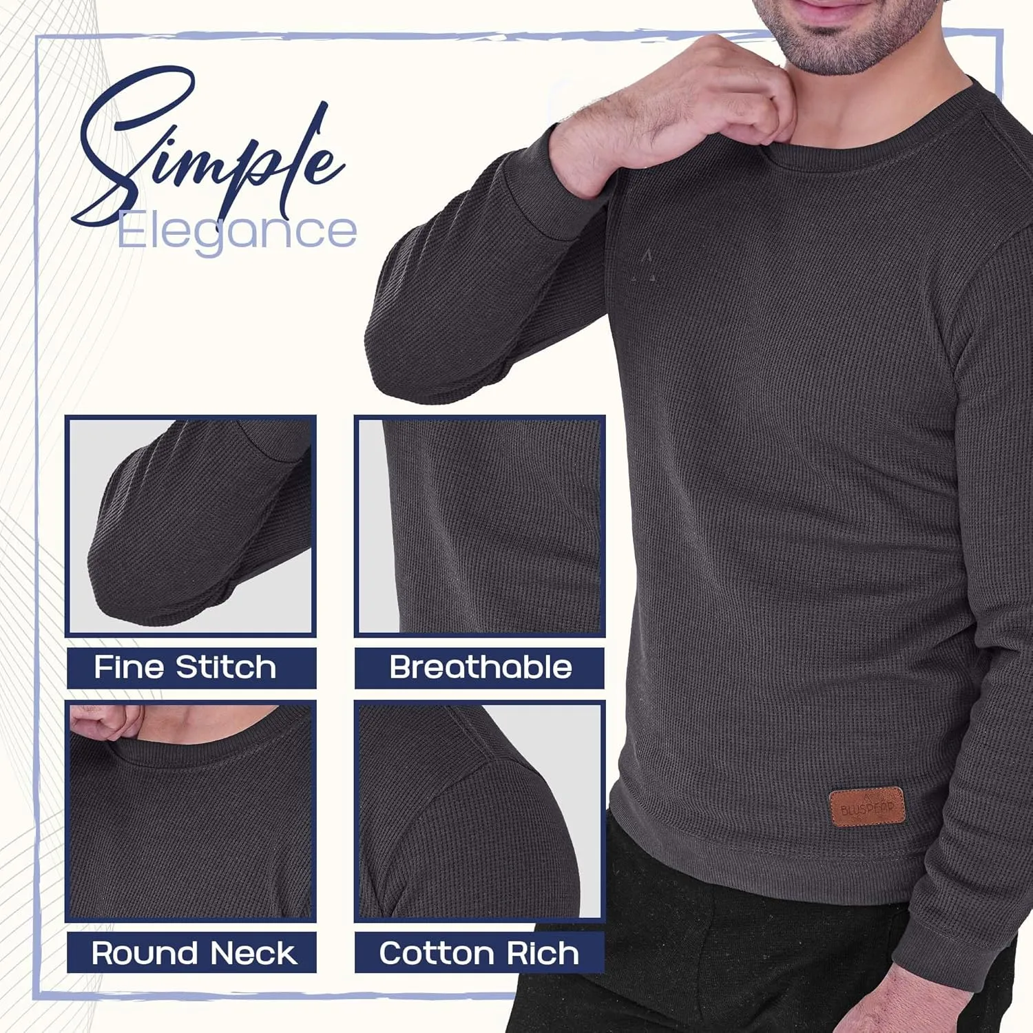 Men's Long Sleeve Waffle Thermal Shirt Top, Knitted Sweater, Sweatshirt for Men