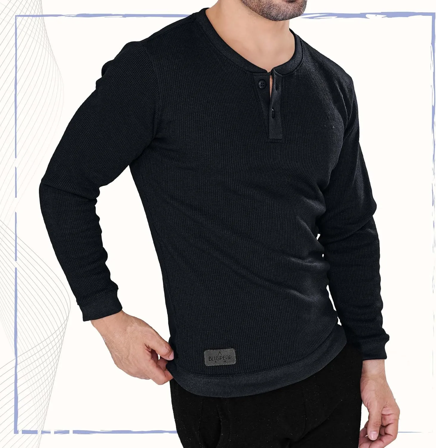 Men's Long Sleeve Waffle Thermal Shirt Top, Knitted Sweater, Sweatshirt for Men