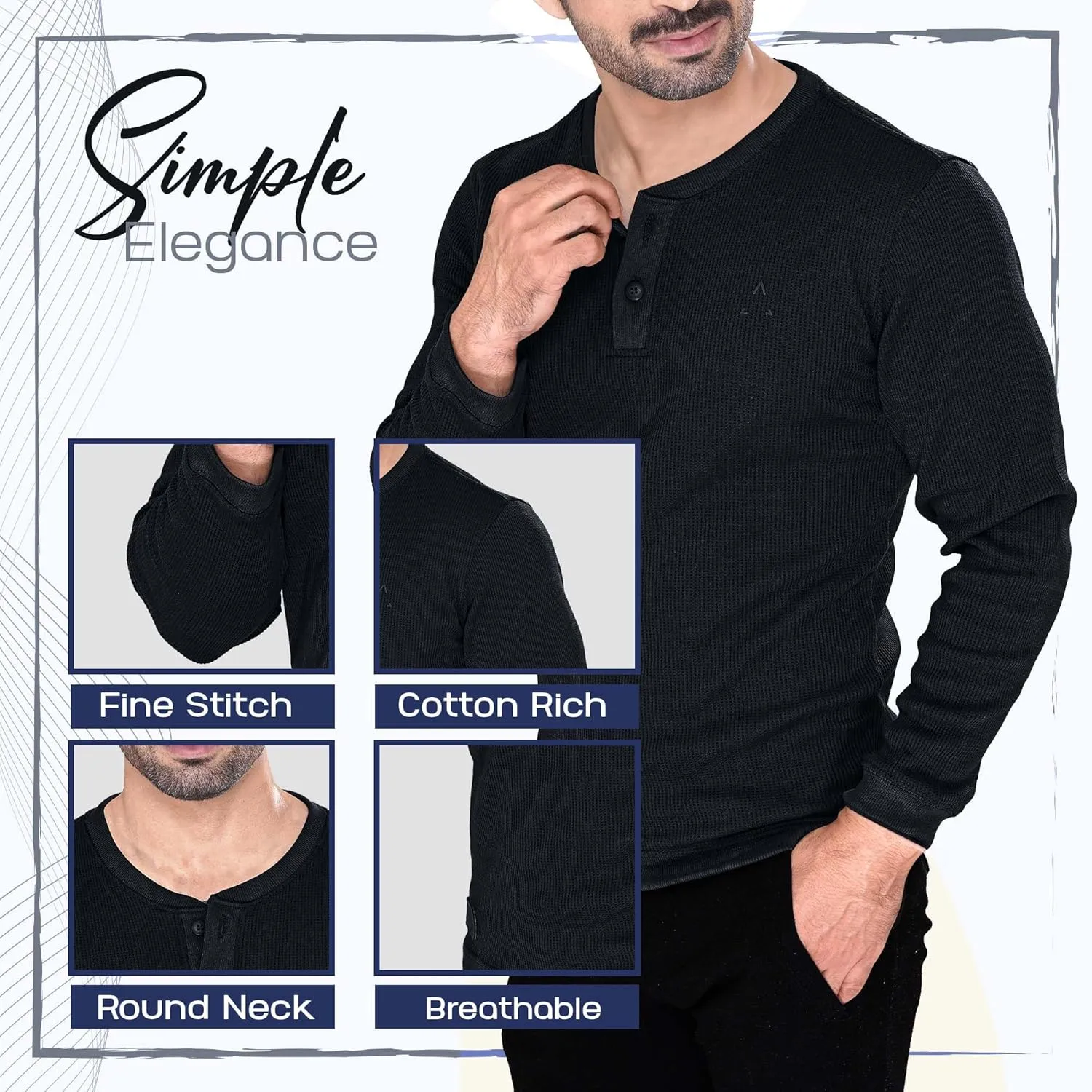Men's Long Sleeve Waffle Thermal Shirt Top, Knitted Sweater, Sweatshirt for Men