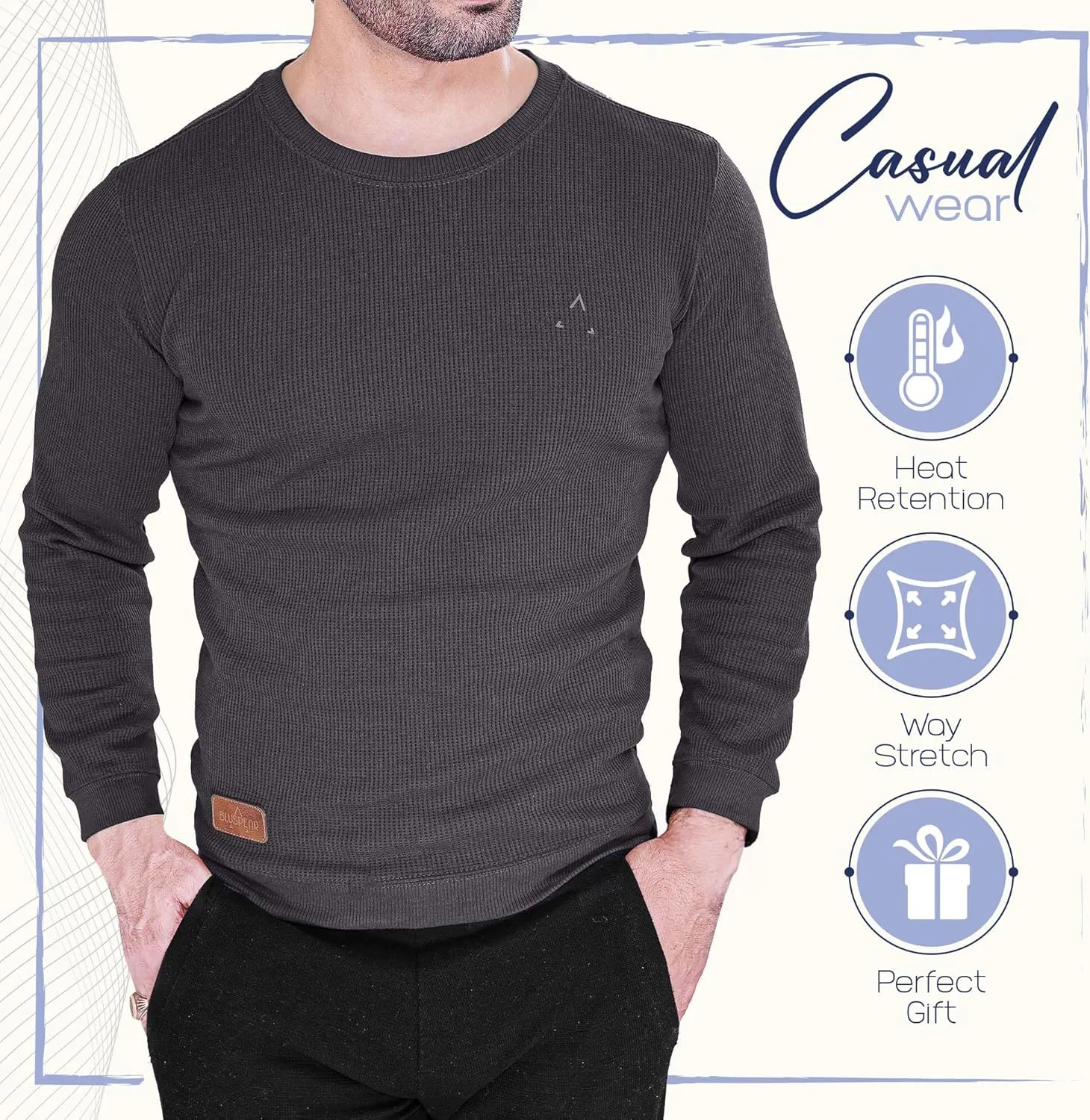 Men's Long Sleeve Waffle Thermal Shirt Top, Knitted Sweater, Sweatshirt for Men