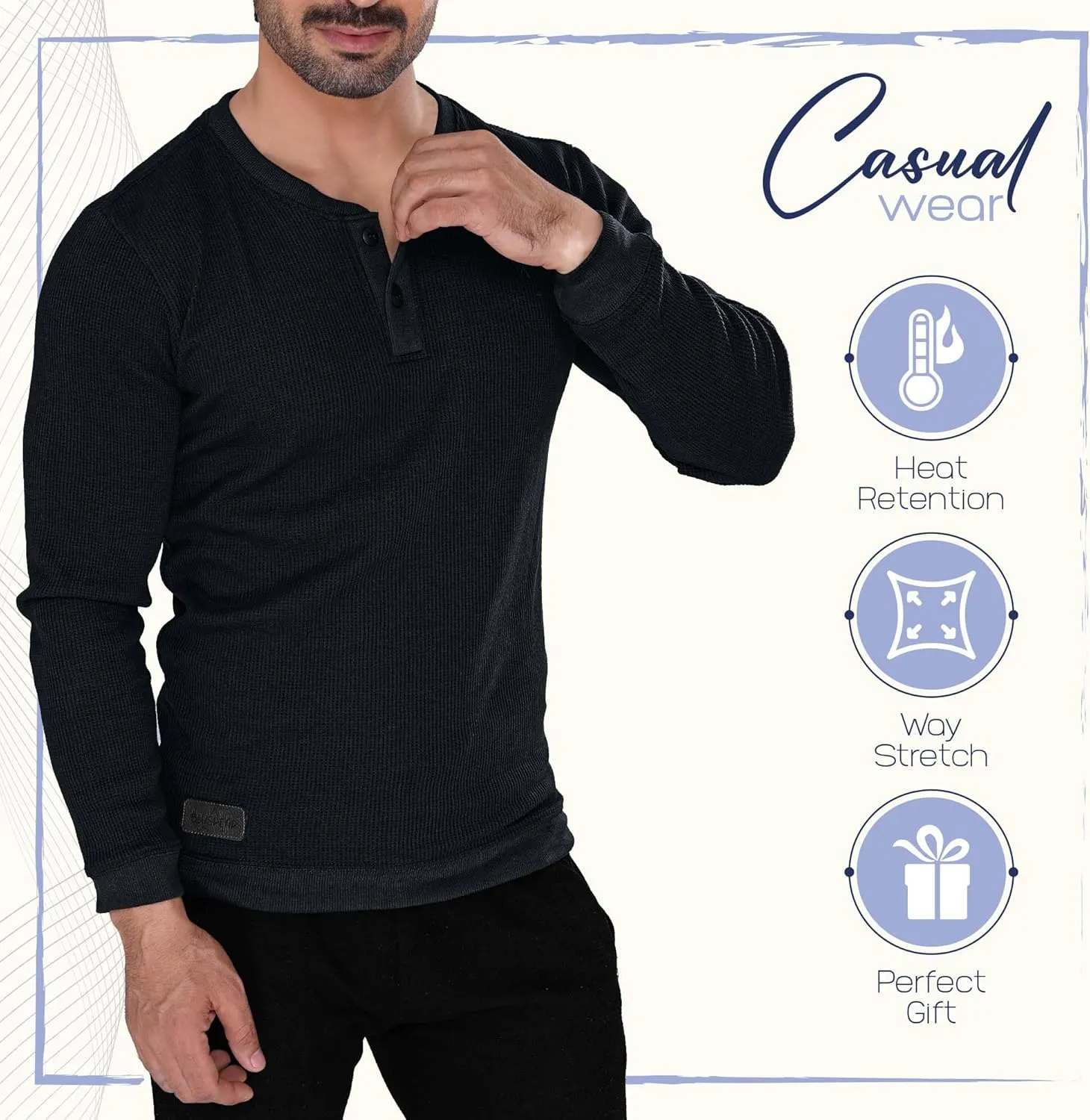 Men's Long Sleeve Waffle Thermal Shirt Top, Knitted Sweater, Sweatshirt for Men