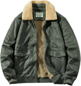Mens Winter Suede Leather Jackets Fleece Lined Vintage Overcoat Outwear Coats for Male Warm Windbreak