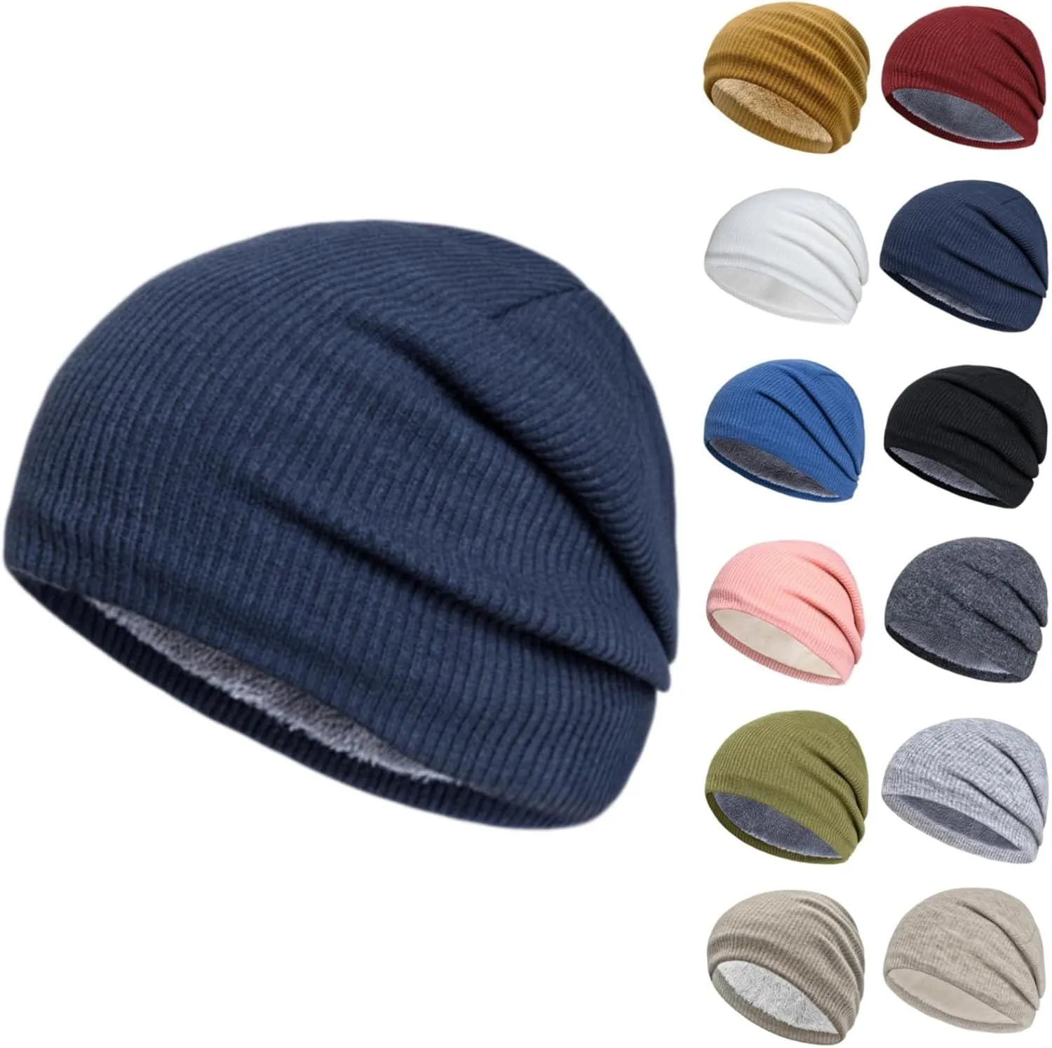 Miyaomn Winter Beanie Hats for Men Womens Solid Color Fleece Lined Rib Knit Beanie Soft Warm Thermal Windproof Ski Skull Caps