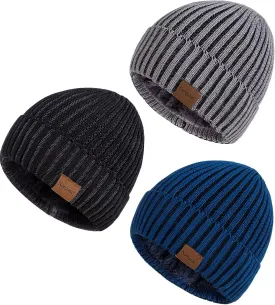 Nertpow Mens Beanie Hats 3 Pack, Winter Hats for Men Women Warm Thermal Fleece Lined, Thick Knit Fashion Skull Cap Cuffed Beanie for Guys (Color-03)