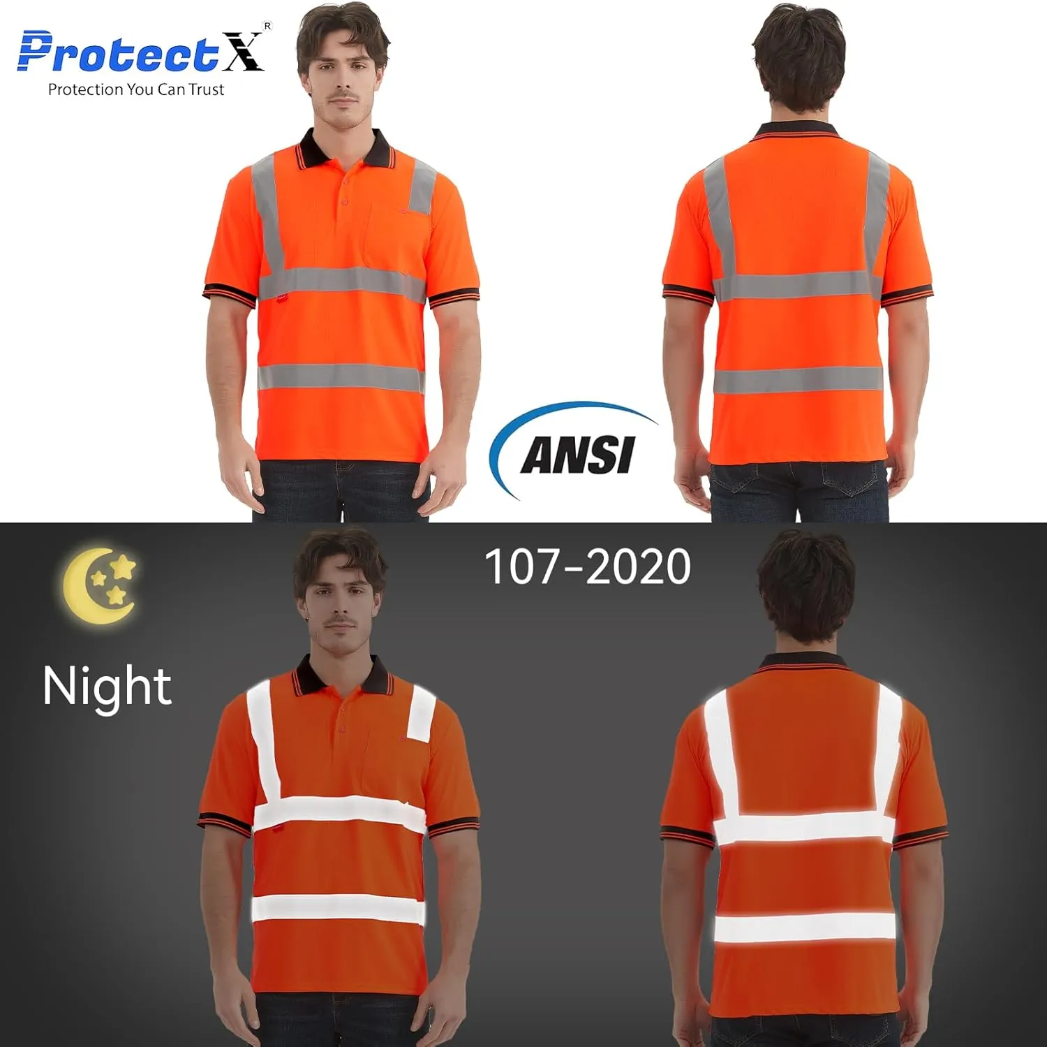 ProtectX High Visibility Short Sleeve Reflective Safety T-Shirt, Men's Heavy Duty Breathable Hi Vis Shirts, Class 2 Type R