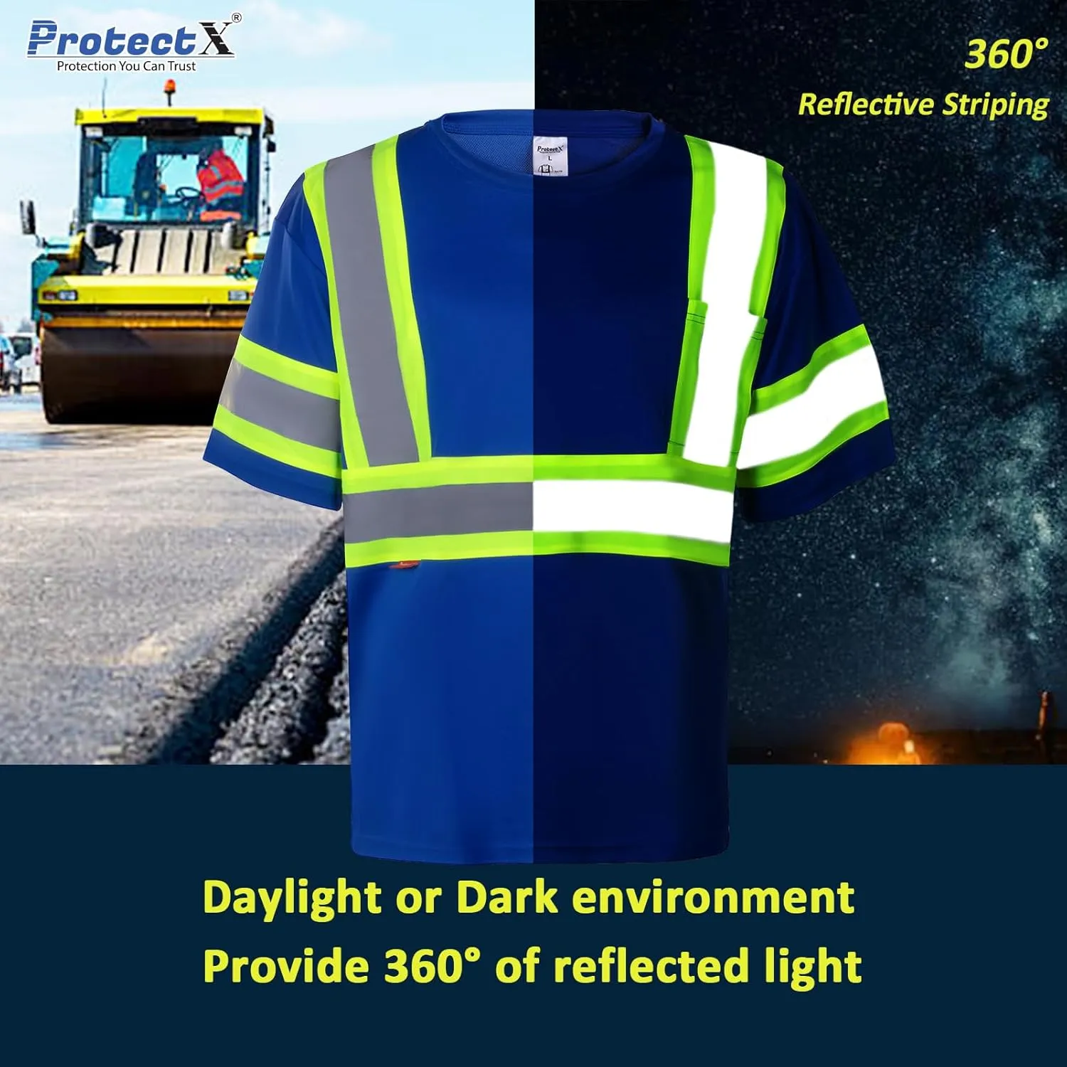 ProtectX High Visibility Short Sleeve Reflective Safety T-Shirt, Men's Heavy Duty Breathable Hi Vis Shirts, Class 2 Type R