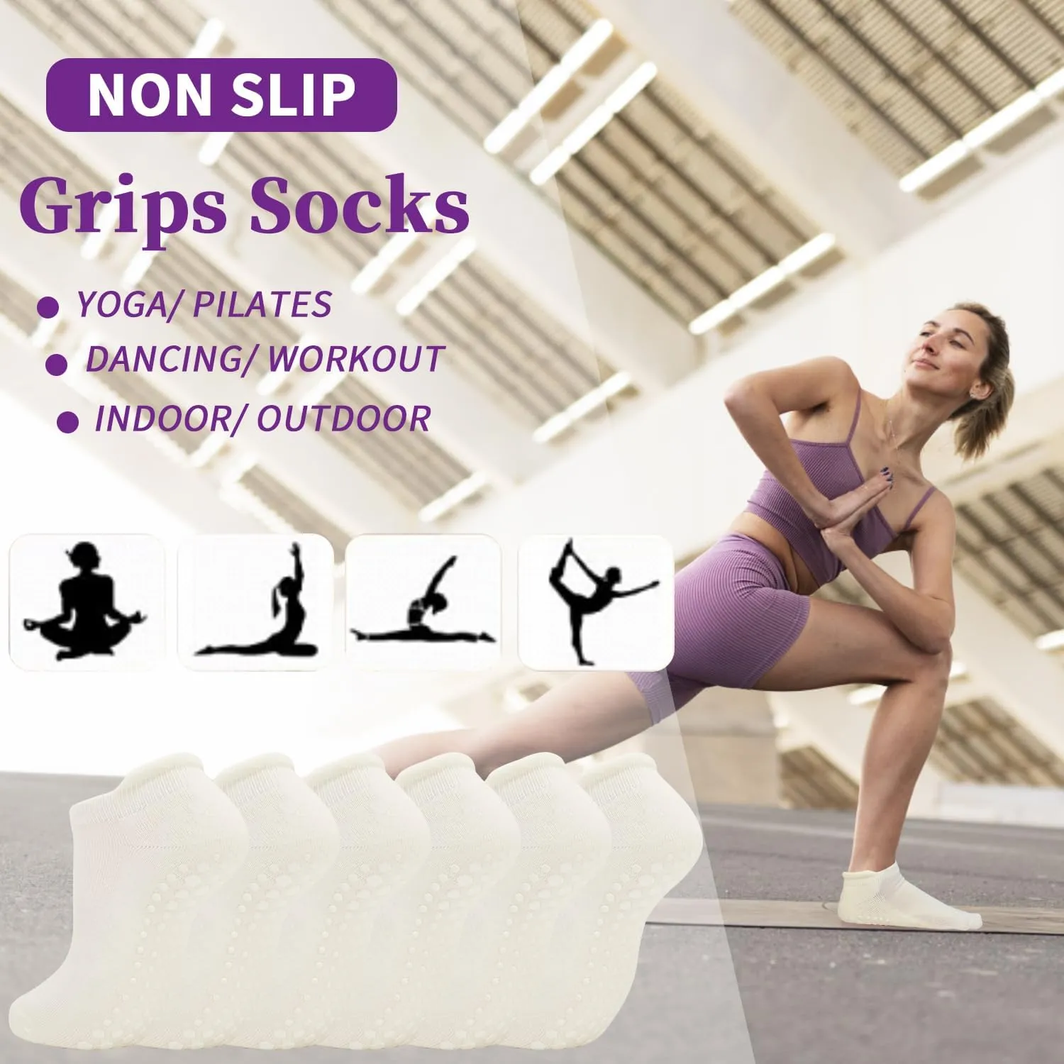SkiBeaut Yoga Grips Non Slip Socks Pilates Anti Skid Sticky Grippers Ballet Barre Socks for Women 3 Pairs
