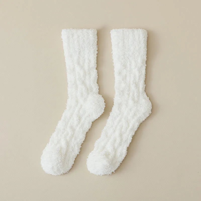Solid Color Twisted Fuzzy Coral Fleece Sleep Crew Socks