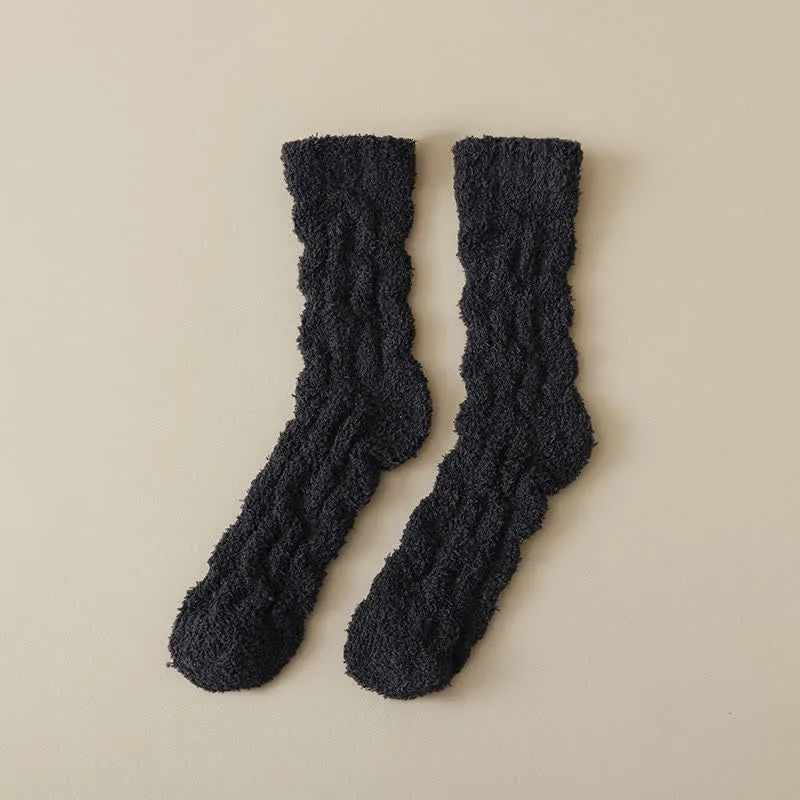 Solid Color Twisted Fuzzy Coral Fleece Sleep Crew Socks