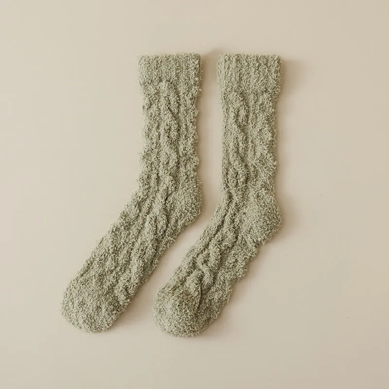 Solid Color Twisted Fuzzy Coral Fleece Sleep Crew Socks