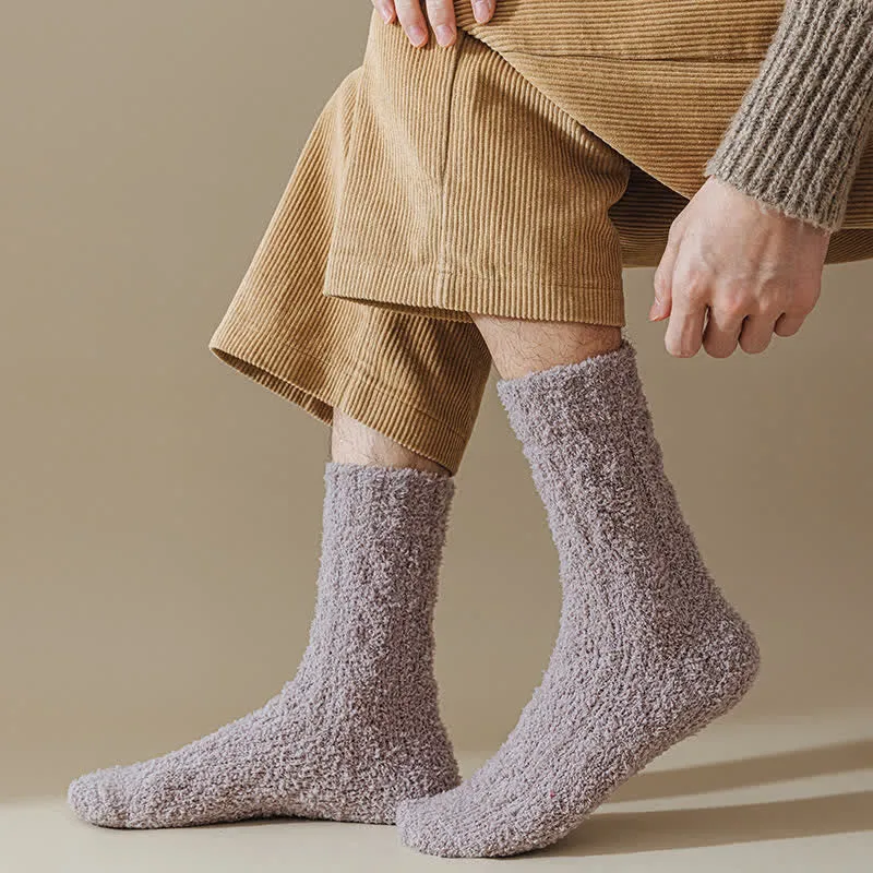 Solid Color Twisted Fuzzy Coral Fleece Sleep Crew Socks