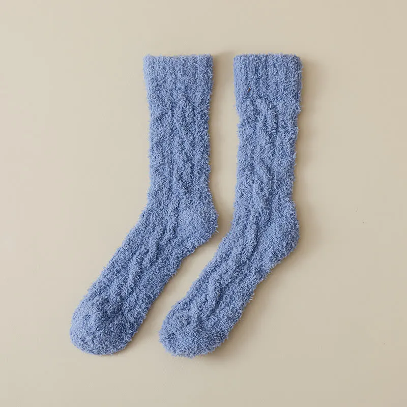 Solid Color Twisted Fuzzy Coral Fleece Sleep Crew Socks