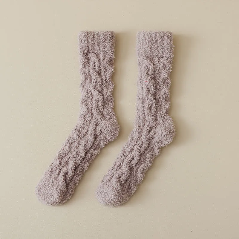 Solid Color Twisted Fuzzy Coral Fleece Sleep Crew Socks