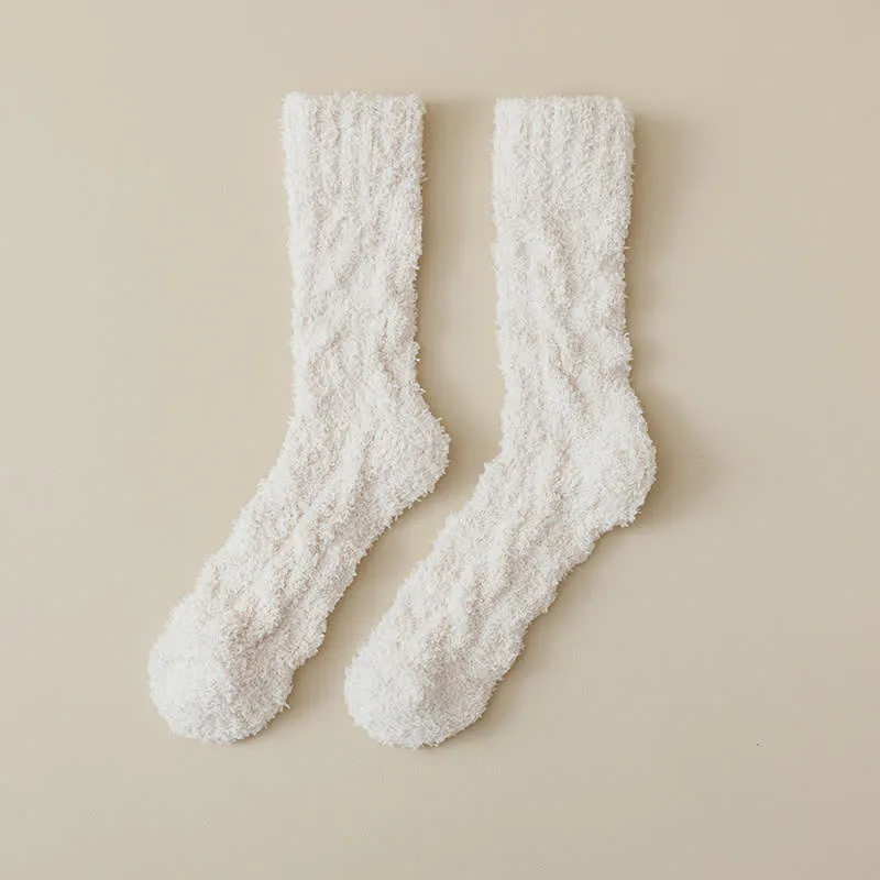 Solid Color Twisted Fuzzy Coral Fleece Sleep Crew Socks