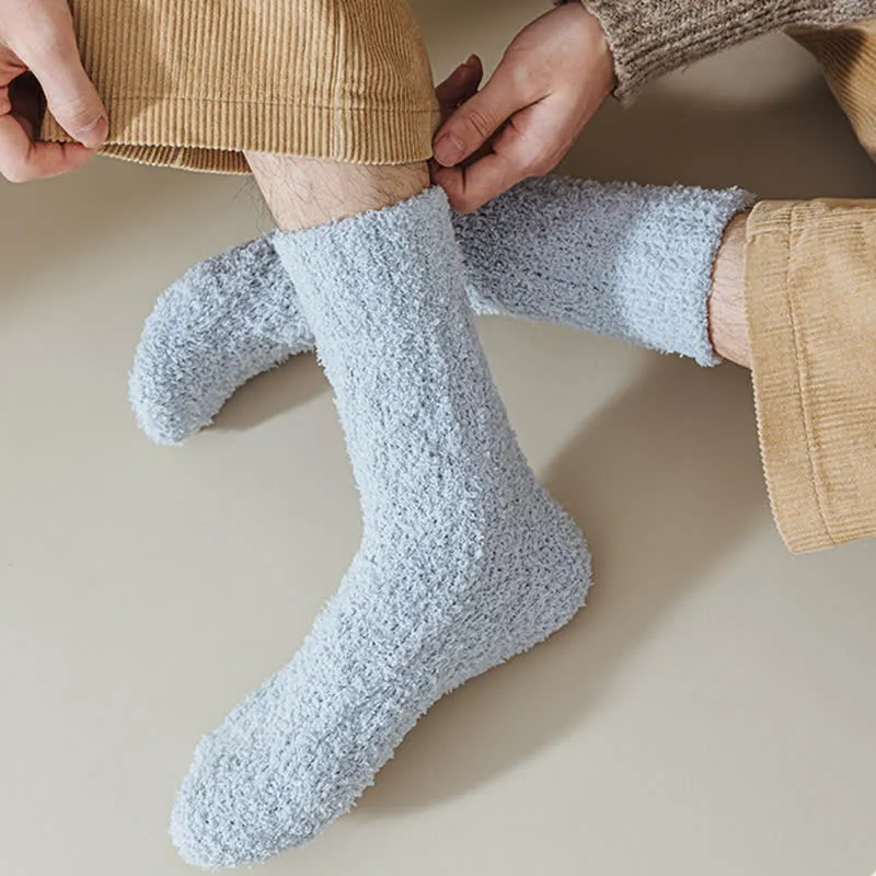 Solid Color Twisted Fuzzy Coral Fleece Sleep Crew Socks