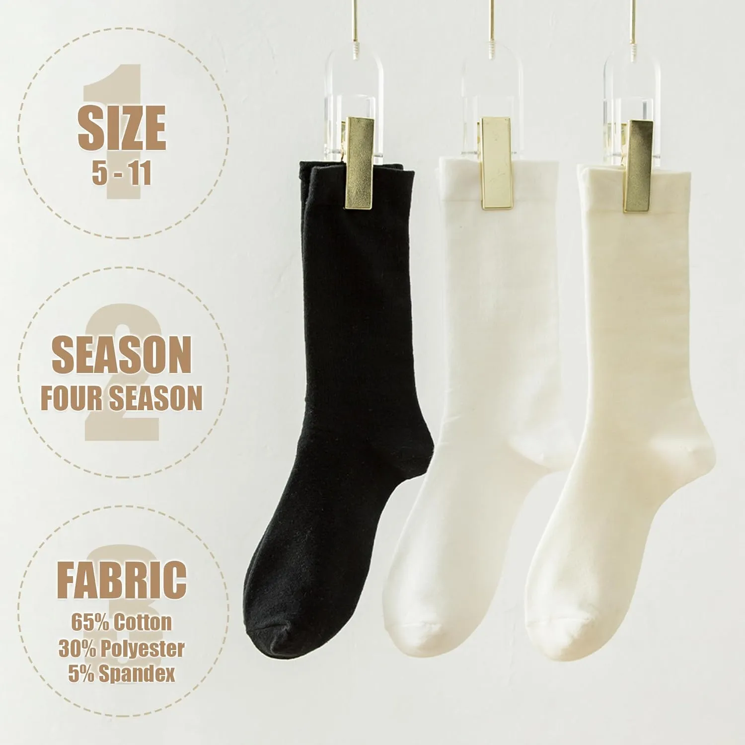 Thin Crew Socks for Women, Ladies Soft Cotton High Calf Boot Sock for Trouser, Dress, Business
