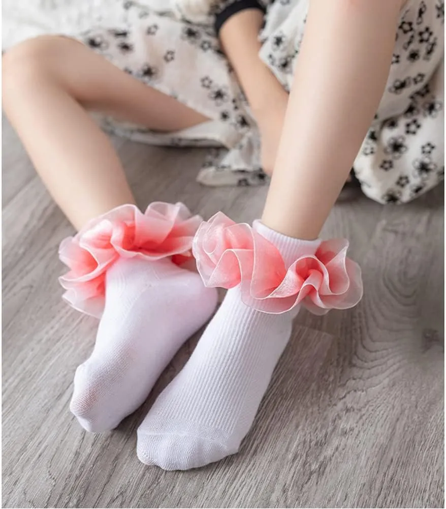 Toddler Little Girls Turn Cuff Two-Layer Big Lace Socks Frilly Cotton Ankle Dress Socks Big Girl 1-7 Years