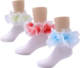 Toddler Little Girls Turn Cuff Two-Layer Big Lace Socks Frilly Cotton Ankle Dress Socks Big Girl 1-7 Years