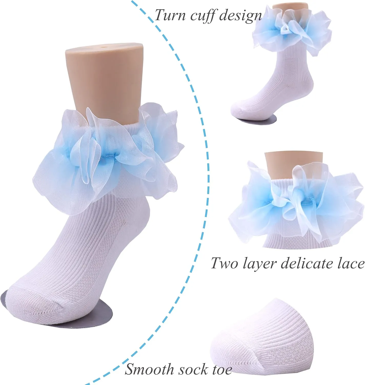 Toddler Little Girls Turn Cuff Two-Layer Big Lace Socks Frilly Cotton Ankle Dress Socks Big Girl 1-7 Years