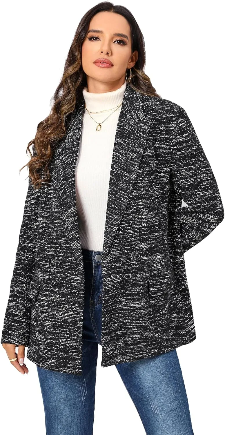 TRNY Tweed Plaid Blazer Coat for Women - Oversized Double-Breasted Suit Jacket Casual Work Office Blazer with Pockets