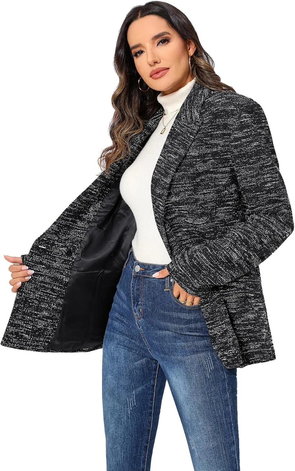TRNY Tweed Plaid Blazer Coat for Women - Oversized Double-Breasted Suit Jacket Casual Work Office Blazer with Pockets