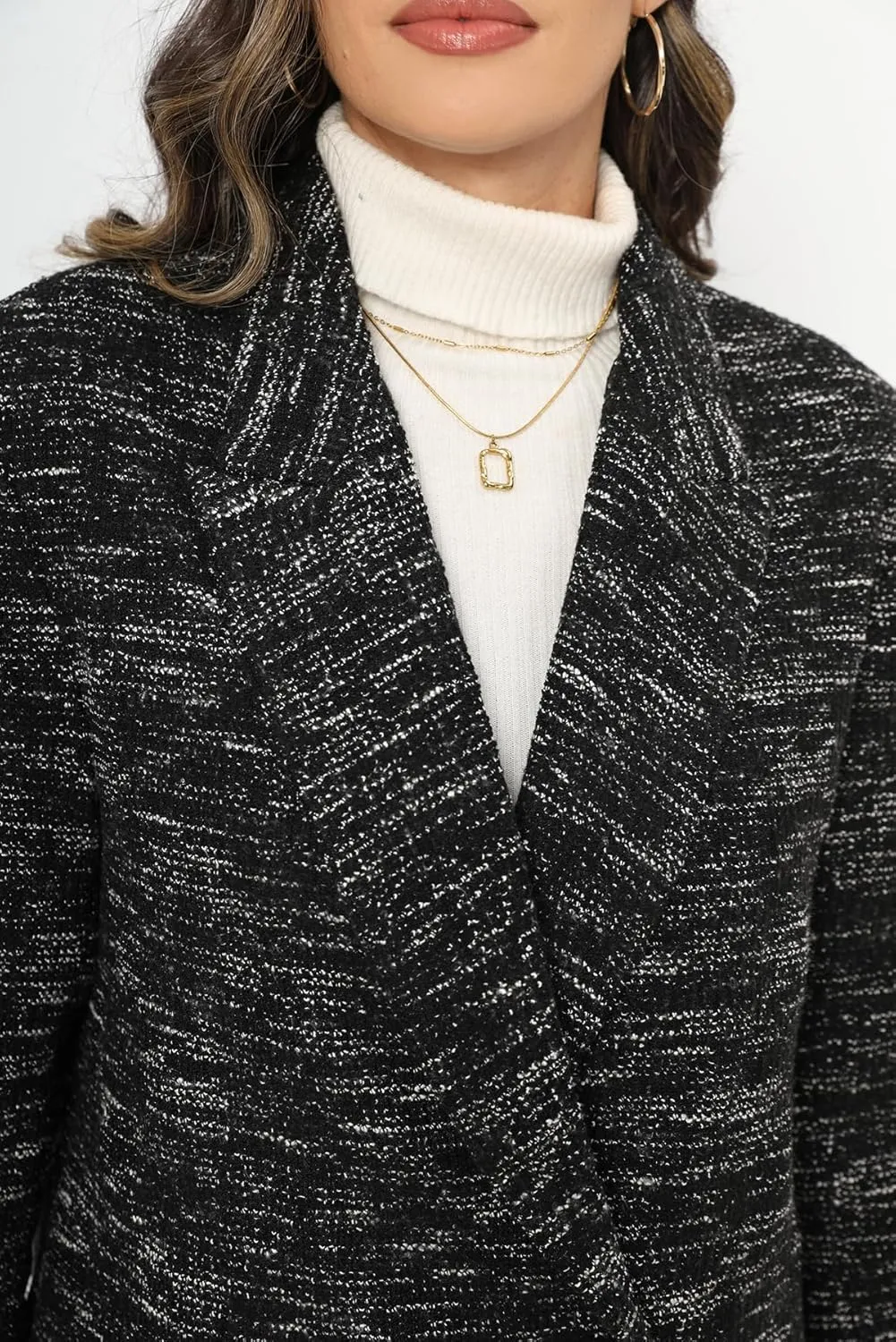 TRNY Tweed Plaid Blazer Coat for Women - Oversized Double-Breasted Suit Jacket Casual Work Office Blazer with Pockets