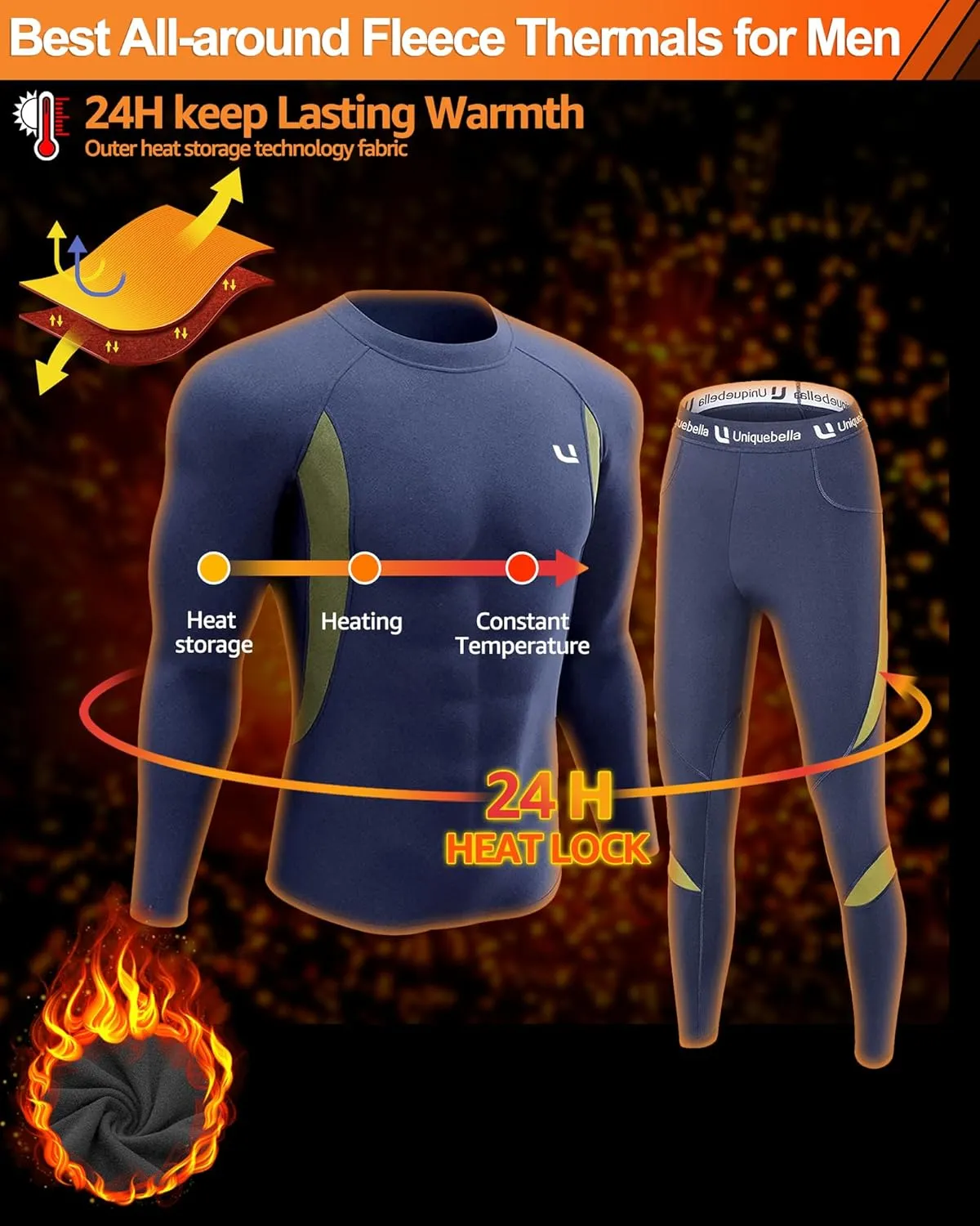 UNIQUEBELLA Men's Thermal Underwear Sets Top & Long Johns Fleece Sweat Quick Drying Thermo Base Layer