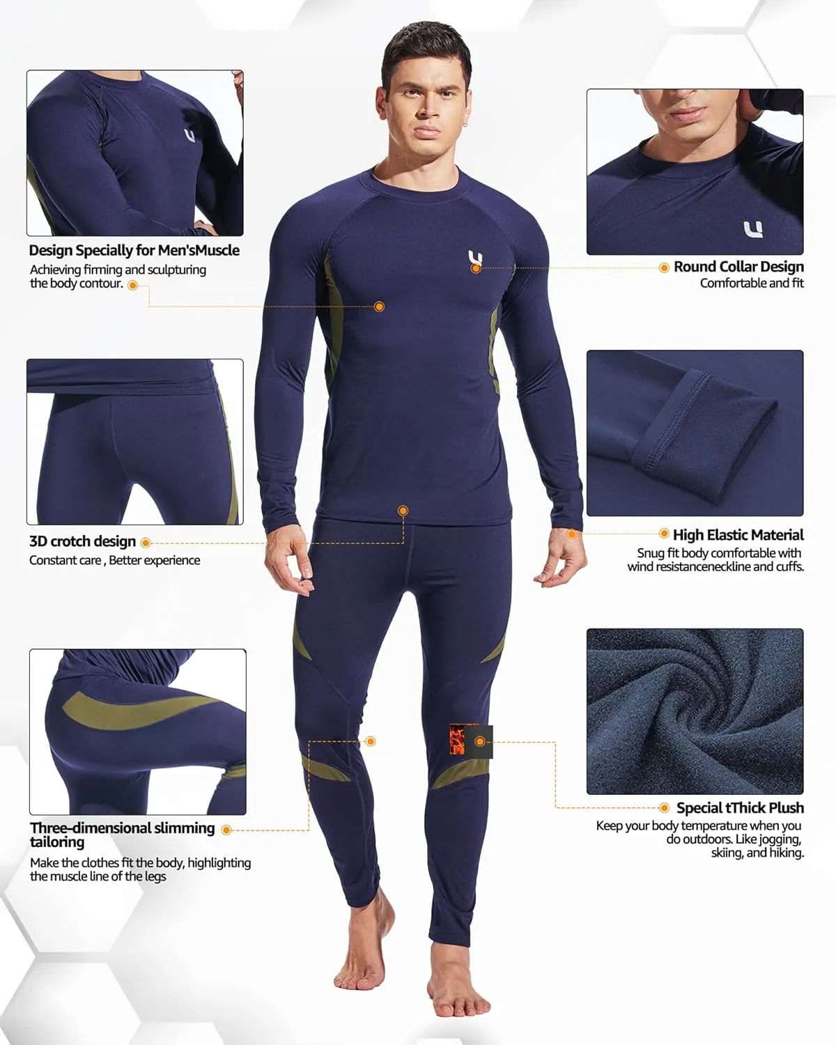 UNIQUEBELLA Men's Thermal Underwear Sets Top & Long Johns Fleece Sweat Quick Drying Thermo Base Layer