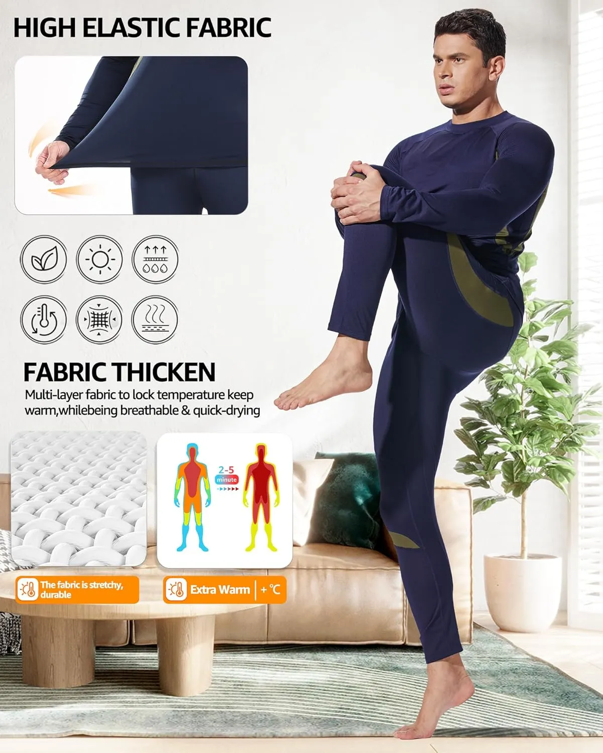 UNIQUEBELLA Men's Thermal Underwear Sets Top & Long Johns Fleece Sweat Quick Drying Thermo Base Layer