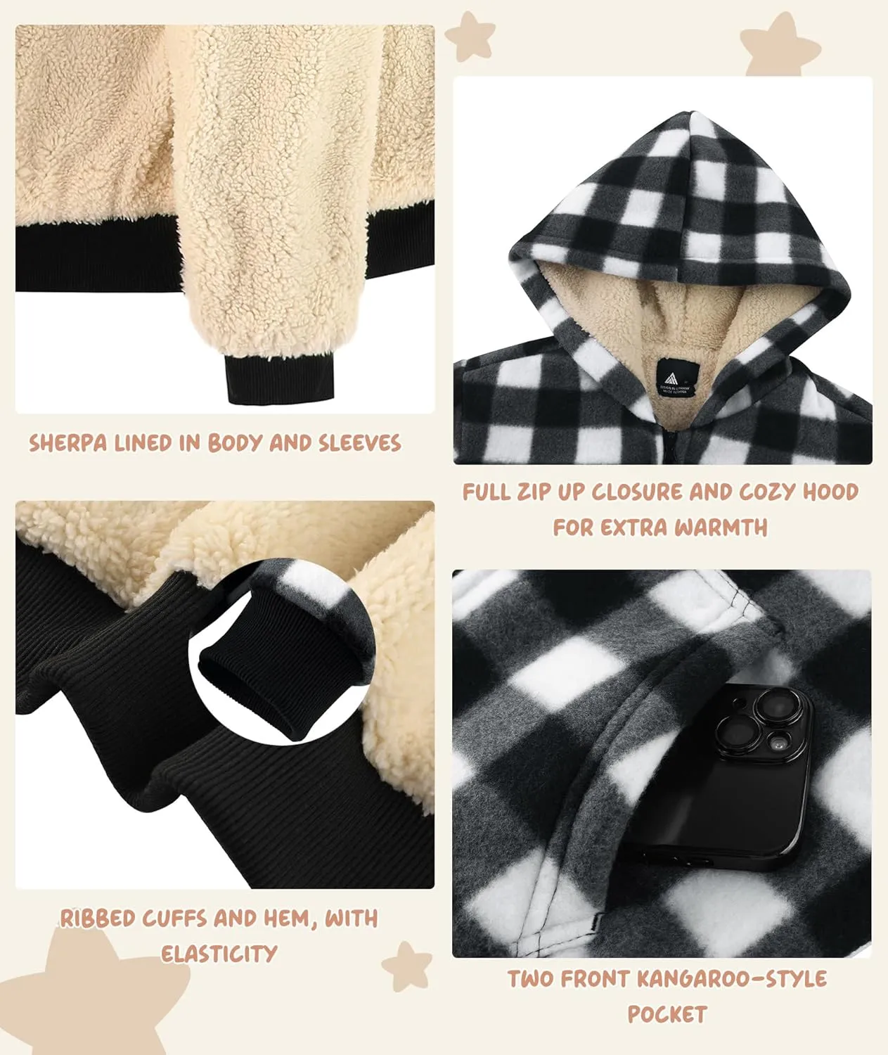 V VALANCH Boys Zipper Hoodie Kid Fleece Lined Plaid Flannel Jacket Winter Coat
