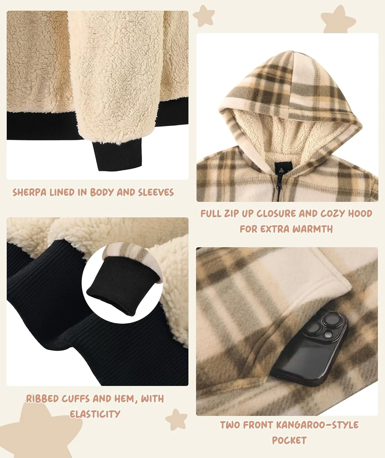V VALANCH Boys Zipper Hoodie Kid Fleece Lined Plaid Flannel Jacket Winter Coat
