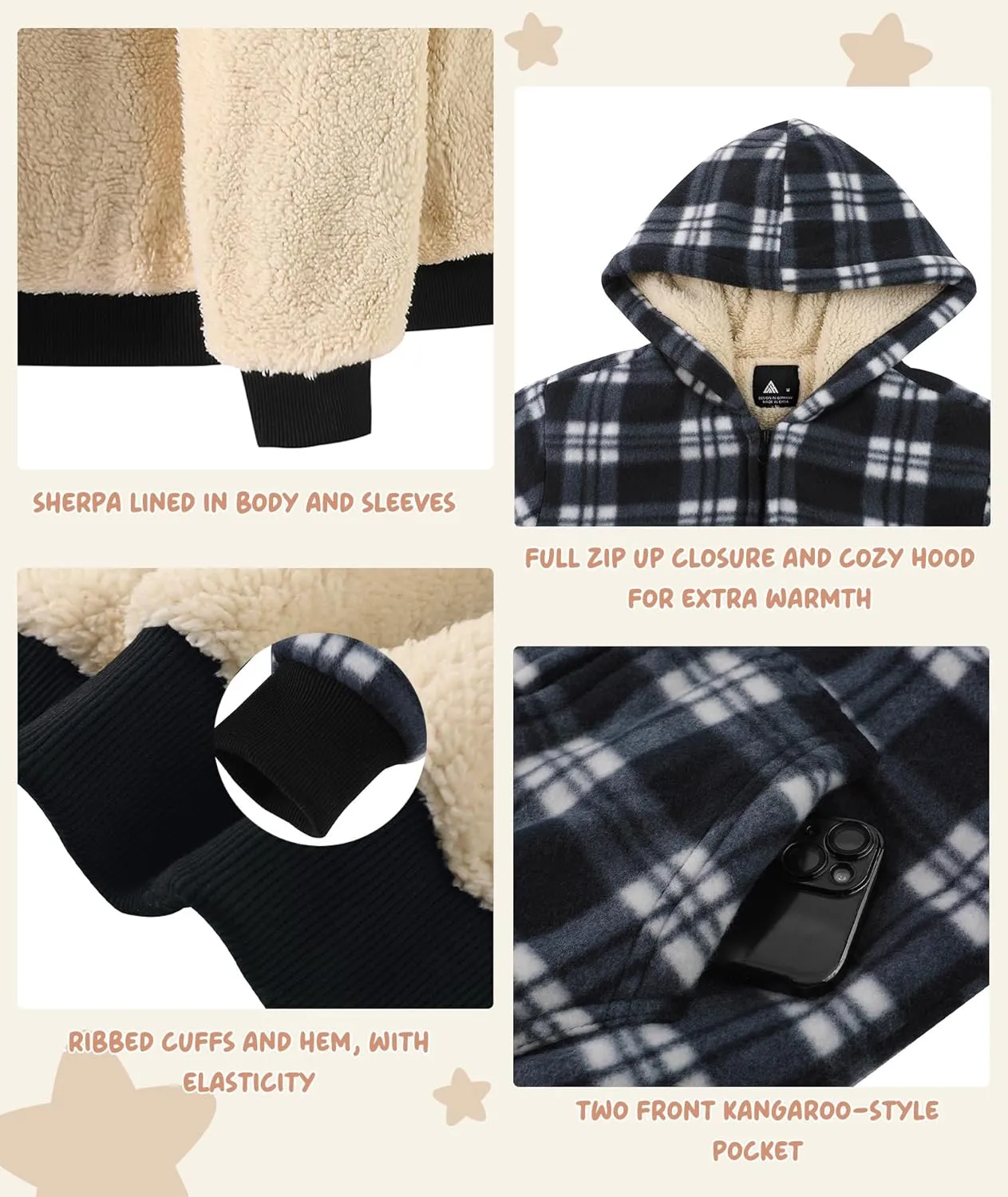 V VALANCH Boys Zipper Hoodie Kid Fleece Lined Plaid Flannel Jacket Winter Coat