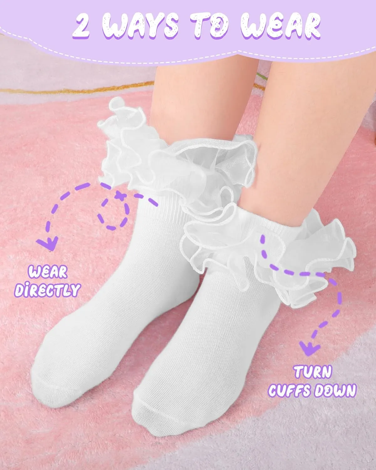 Witwot Toddler Girl Socks with Big Ruffle Lace Frilly Turn Cuff Dress Socks