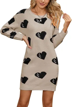 Women Cute Heart Shaped Crewneck Long Sleeve Chunky Knit Mini Sweater Dress