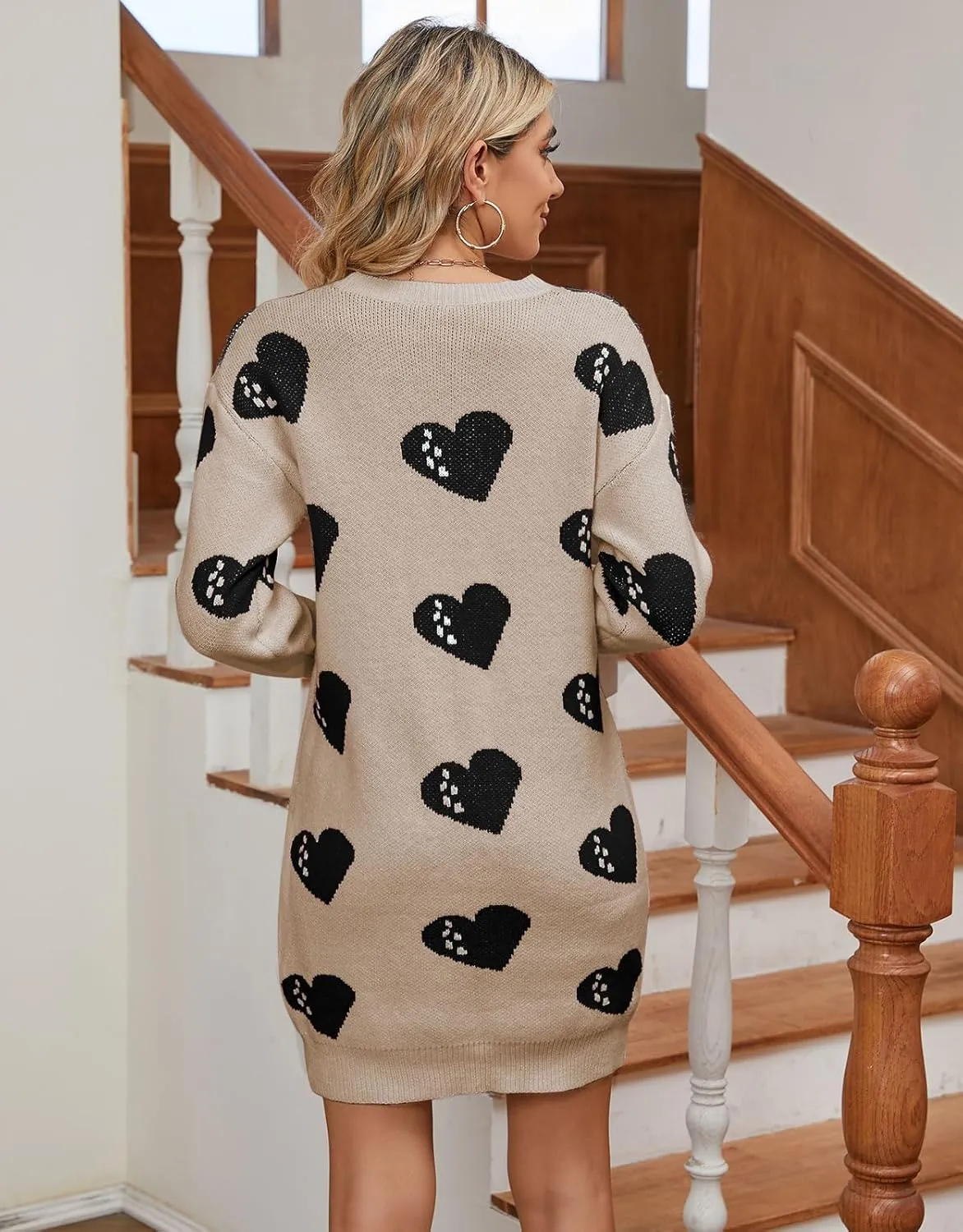 Women Cute Heart Shaped Crewneck Long Sleeve Chunky Knit Mini Sweater Dress