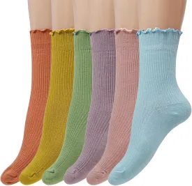 Women Ruffle Socks - Casual Calf Socks - Cute Frilly Socks - Soft Cotton Crew Socks for Women 6 Pairs Size 5-9