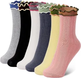 Women Ruffle Socks Lightweight Knit Casual Ankle Sock Ruffle Turn-Cuff Cute Lettuce Edge Frilly Socks for Women Girls