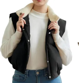 Womens Cropped Puffer Vest Button Sleeveless Light Jacket Stand Collar Essentials Gilet with Pockets