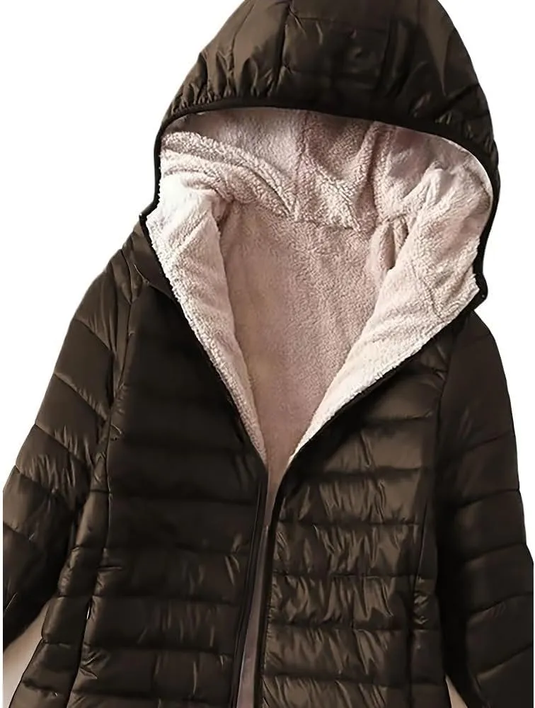 Women's Fleece Lined Zipper Warm Hooded Coat,Autumn Winter Long Sleeved Cotton-padded Jacket