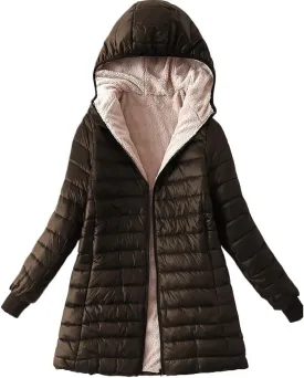 Women's Fleece Lined Zipper Warm Hooded Coat,Autumn Winter Long Sleeved Cotton-padded Jacket
