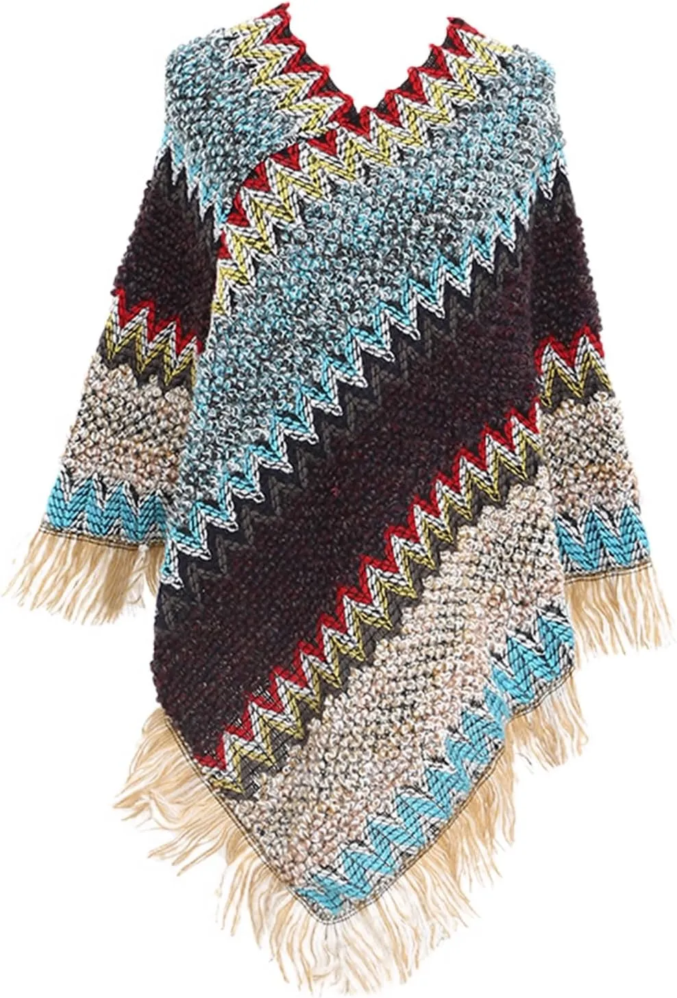 Women's Poncho Sweater Zig Zag Knit Mexican Poncho Wrap Fall Hippie Soft Fringe Crochet Shawl Asymmetrical Cape