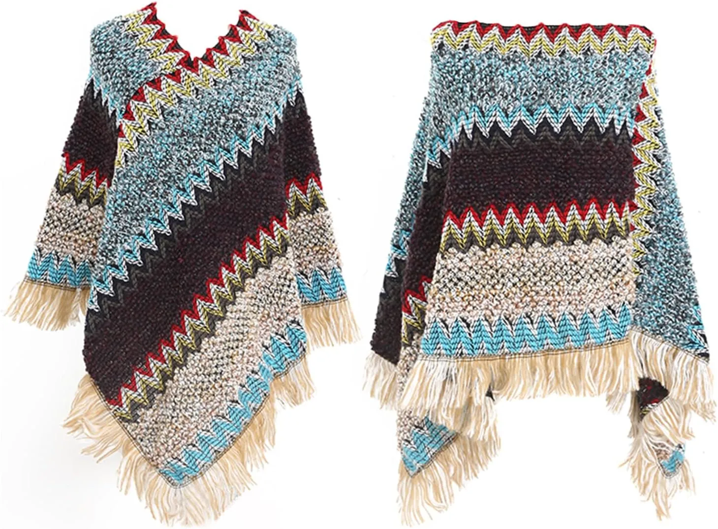 Women's Poncho Sweater Zig Zag Knit Mexican Poncho Wrap Fall Hippie Soft Fringe Crochet Shawl Asymmetrical Cape
