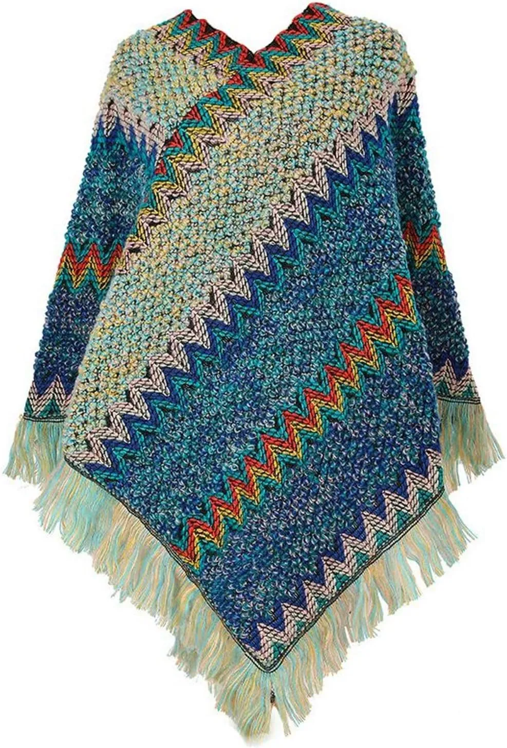 Women's Poncho Sweater Zig Zag Knit Mexican Poncho Wrap Fall Hippie Soft Fringe Crochet Shawl Asymmetrical Cape