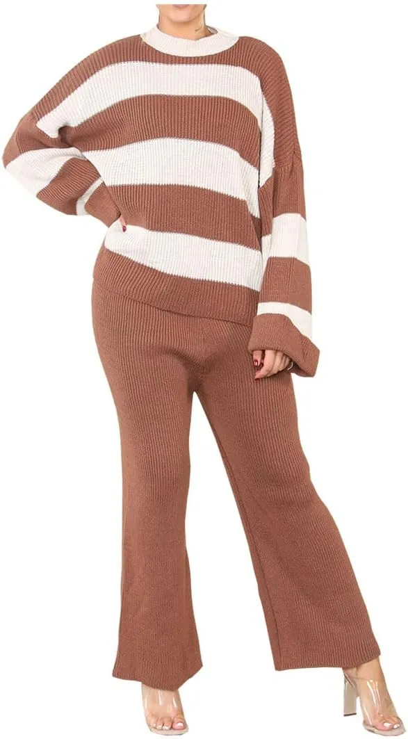 Womens Round Neck Knitted Long Sleeve Stripe Jumper Suit Ladies 2pcs Loungewear Co-Ord Set Tracksuit