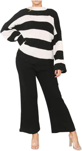 Womens Round Neck Knitted Long Sleeve Stripe Jumper Suit Ladies 2pcs Loungewear Co-Ord Set Tracksuit