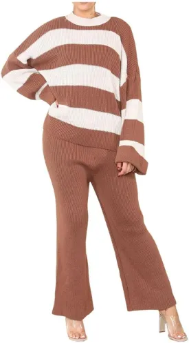 Womens Round Neck Knitted Long Sleeve Stripe Jumper Suit Ladies 2pcs Loungewear Co-Ord Set Tracksuit