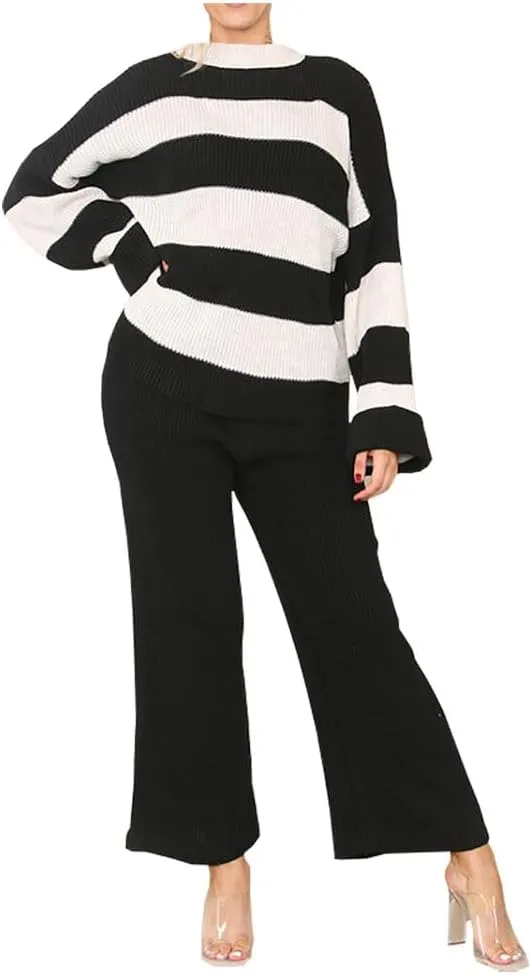 Womens Round Neck Knitted Long Sleeve Stripe Jumper Suit Ladies 2pcs Loungewear Co-Ord Set Tracksuit