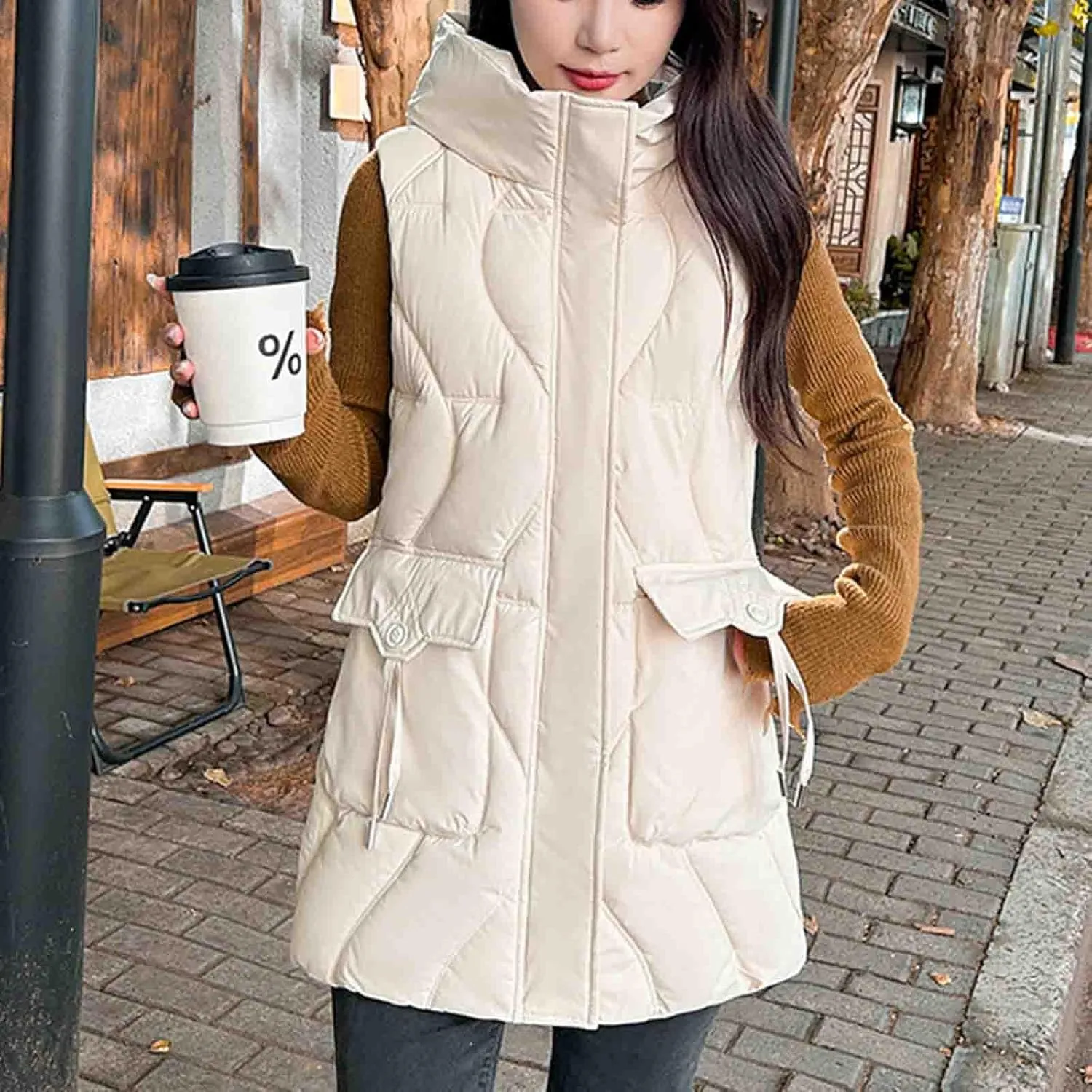 Women's Tunic Puffer Vest Insulated Hooded Sleeveless Quilted Jackets Winter Outwear Warm Gilet Coats with Pockets