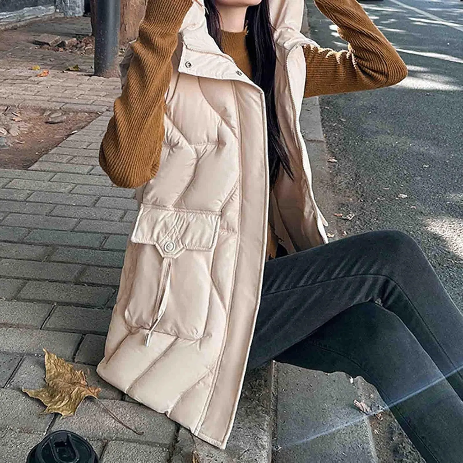 Women's Tunic Puffer Vest Insulated Hooded Sleeveless Quilted Jackets Winter Outwear Warm Gilet Coats with Pockets